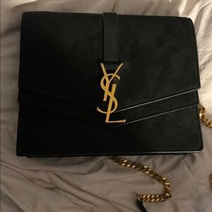 Saint Laurent Dark Green Leather Bag with Gold Accents